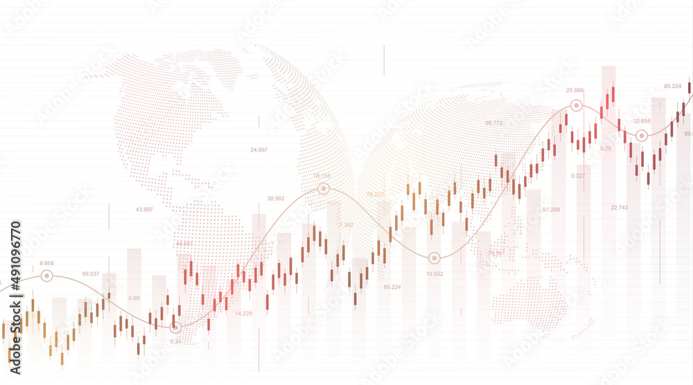 Poster Abstract financial chart with uptrend line graph and world map on black and white color background. Business Candle stick graph chart of stock market investment trading. Vector illustration.