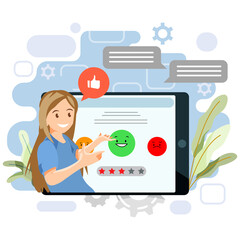 A young woman communicates in a messenger or a social network.