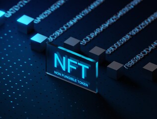 NFT text word on glass blockchain distributed ledger technology, blue futuristic background - 491096781