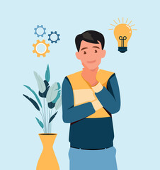 a portrait of the character man thinks, flat design concept. vector illustration