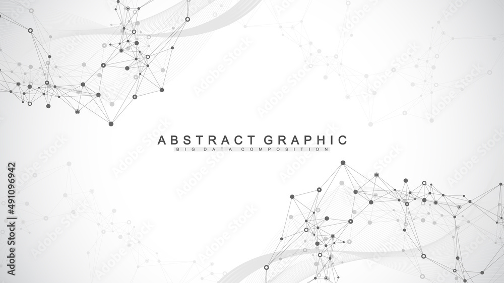 Poster Digits abstract background with connected line and dots, wave flow. Digital neural networks. Network and connection background for your presentation. Graphic polygonal background. Vector illustration.