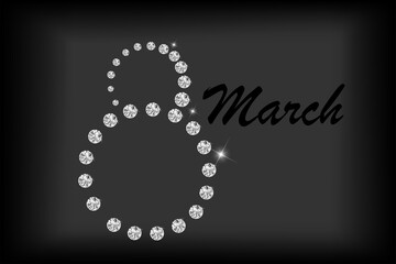 Vector. March 8, International Women's Day. Number consisting of diamonds, calligraphic handwritten text. Holiday banner, web poster, flyer, brochure, card, cover, background, poster, invitation.