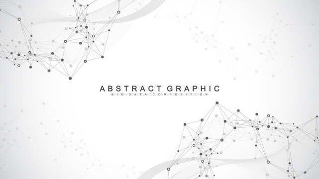 Digits abstract background with connected line and dots, wave flow. Digital neural networks. Network and connection background for your presentation. Graphic polygonal background. Vector illustration.