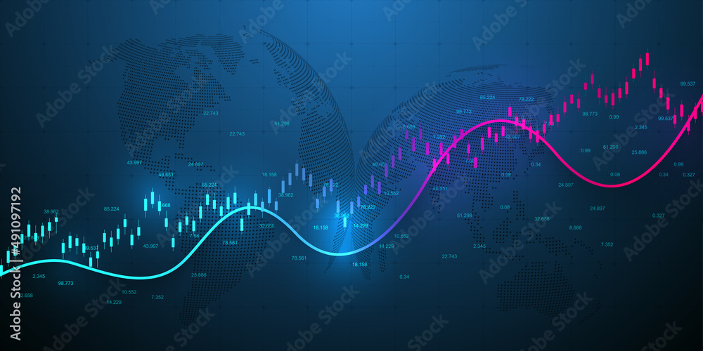 Poster Abstract financial chart with uptrend line graph and world map on black and white color background. Business Candle stick graph chart of stock market investment trading. Vector illustration.