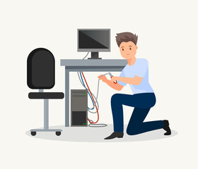 A professional technician repairs a computer in the office. Man in uniform with repair tools.