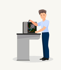A professional technician repairs a computer in the office. Man in uniform with repair tools.