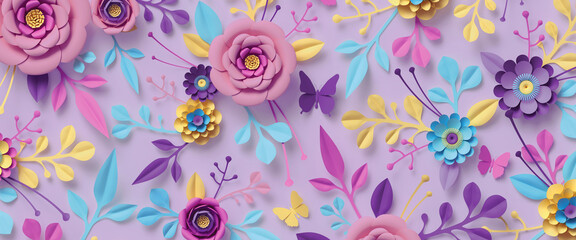 3d rendering, abstract wide panoramic floral background. Floral wallpaper with colorful paper flowers