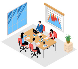 Project management and financial report strategy. Consulting team. Collaboration concept with collaborative people. Isometric business analysis planning.