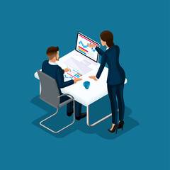 Project management and financial report strategy. Consulting team. Collaboration concept with collaborative people. Isometric business analysis planning.