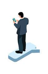 Isometric business people with gadgets, hi-tech technologies, smartphones, laptops, interactive screen, virtual reality, tablet.