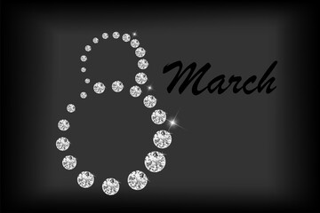 Vector. March 8, International Women's Day. Number consisting of diamonds, calligraphic handwritten text. Holiday banner, web poster, flyer, brochure, card, cover, background, poster, invitation.