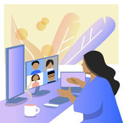 A woman at a remote job. Conducts a video conference.