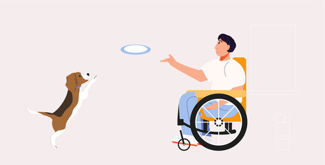 Man uses a wheelchair plays with a dog. The man throws a toy to the dog.