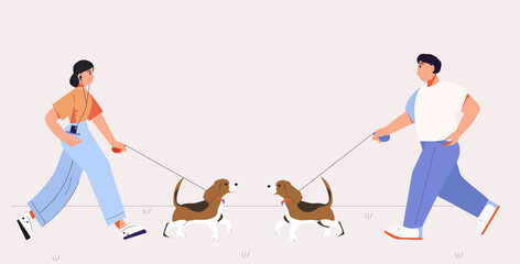 The girl is jogging with a dog and meet man. Beagle. The owners walks the dogs. Vector illustration