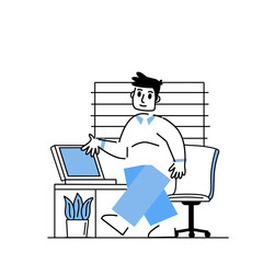 Man in office. Businessman goes to work. Outline happy business character at work. Linear interior of office with desk and computer. Modern cartoon isolated on white