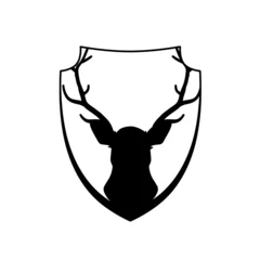 Gartenposter Head of deer on shield. Knight coat of arms with stag. Black silhouette of horned animal. Heraldic symbol © Taras