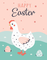 cartoon easter card with cute hen in flat style