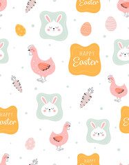 easter seamless pattern with bunnies and hens