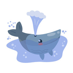 Cute funny whale with water fountain in sea or ocean. Marine animal. Funny blue sperm whale. Children drawing in Scandinavian style