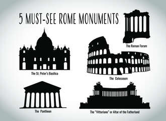 5 must-see Rome monuments vector hand drawn monocrome black silhouette set