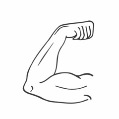 Handdrawn strong arm doodle icon. Hand drawn black sketch. Sign symbol. Decoration element. White background. Isolated. Flat design. Vector illustration.