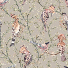 Fototapety  Seamless pattern on a gray-green background with birds and green tropical plants. Painted by hand in watercolor. For textile, wallpaper, wrapping paper, packaging design and more.