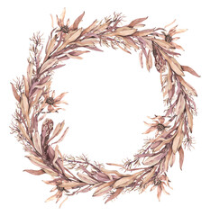 Round wreath in boho style with tropical leaves and flowers. Hand drawn in watercolor, isolated on a white background. For invitations, cards, Christmas and Easter design.