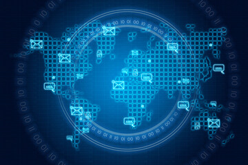 Envelope icons on a world map interface.