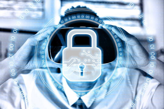 Businessman with VR glasses and lock icon interface - Powered by Adobe