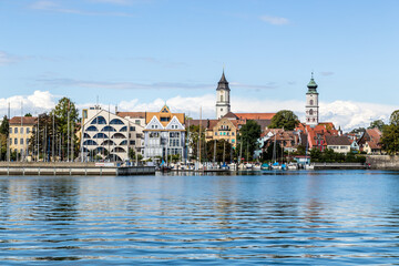 Fototapeta premium Lindau, Germany. Scenic view of the embankment and boat moorings