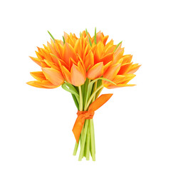 Orange tulips bouquet decorated with ribbon isolated over white background with clipping path
