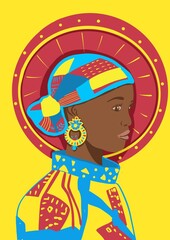 African American Woman in a hat, dark skin . National African costumes, accessories, dresses, flat lay cartoon style illustration yellow  background. Fashion girl portrait, good for posters 