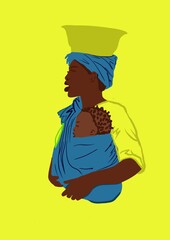African American Woman with child, dark skin. National African costumes, accessories, dresses, flat lay cartoon style illustration yellow blue background. Hardworking mother portrait.