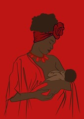 African American Woman with child, dark skin. National African costumes, accessories, dresses, flat lay cartoon style illustration red color  background. Fashion girl portrait, good for posters 
