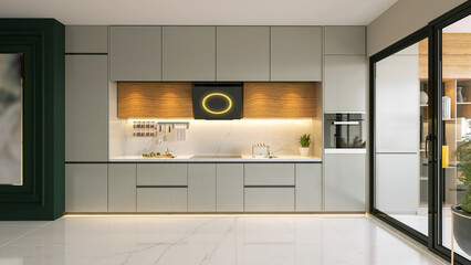 Modern wood and lacquer kitchen cabinet with green wall 3d rendering