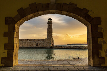 beautiful morning shot of the lighthouse of the old town of rethymno in Crete, Greece