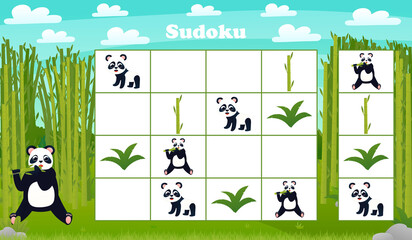 Kids sudoku board game with cartoon panda and bamboo in forest. riddle with animals characters © Iryna Lozovytska