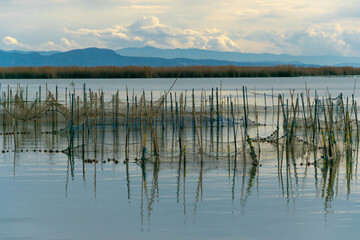 vistas de albufera de valencia desde el puerto de la cola de puchol ,con las redes de pesca tradicionales llamadas mornell , para la pesca de la anguila , con un bonito cielo nublado