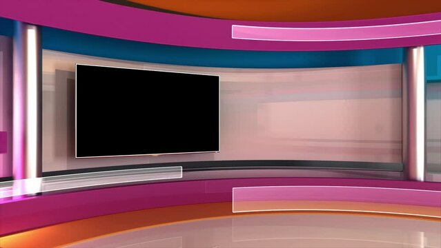 Tv Studio. Studio. Backdrop for TV shows .TV on wall. News studio. The perfect backdrop for any green screen or chroma key video or photo production. 3D rendering.