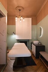 Photo of a modern interior of the cosmetology office in a beauty salon.