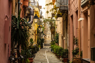 Scenic morning shot of a narrow and quiet alley in the old town of the greek village of Rethymno Crete, Greece