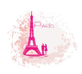 Fototapeta na wymiar romantic flower card with couple in Paris