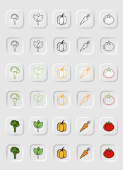 Large set of linear neomorphic style vegetable icons on buttons