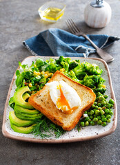 Whole wheat toasted bread with avocado, poached egg, pea on plate. Top view. Healthy diet breakfast