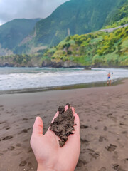 Man holding black sand in his hand in Seixal beach in Madeira island