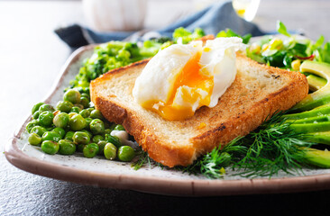 Whole wheat toasted bread with avocado, poached egg, pea on plate. Top view. Healthy diet breakfast
