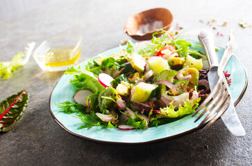 Healthy vegan salad, avocado, cucumber, tomato, radish, nuts and seeds. Girl in denim shirt holding a bowl of vegan salad