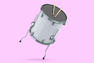 Fototapeta na wymiar Realistic drum and wooden drum sticks on pink. 3d render of musical instrument