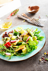 Healthy vegan salad, avocado, cucumber, tomato, radish, nuts and seeds. Girl in denim shirt holding a bowl of vegan salad
