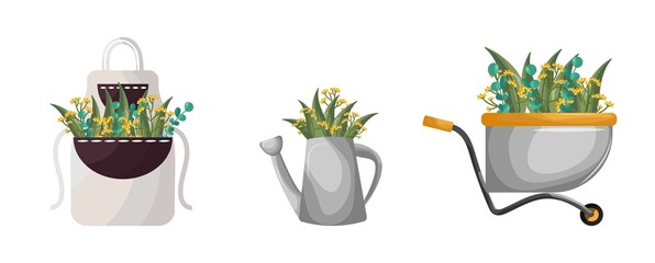 Vector set of illustrations of a happy gardener, collection of garden accessories, hobbies. The wheelbarrow, apron, watering can are filled with flowers, herbs, seedlings, buds, leaves. cartoon style.